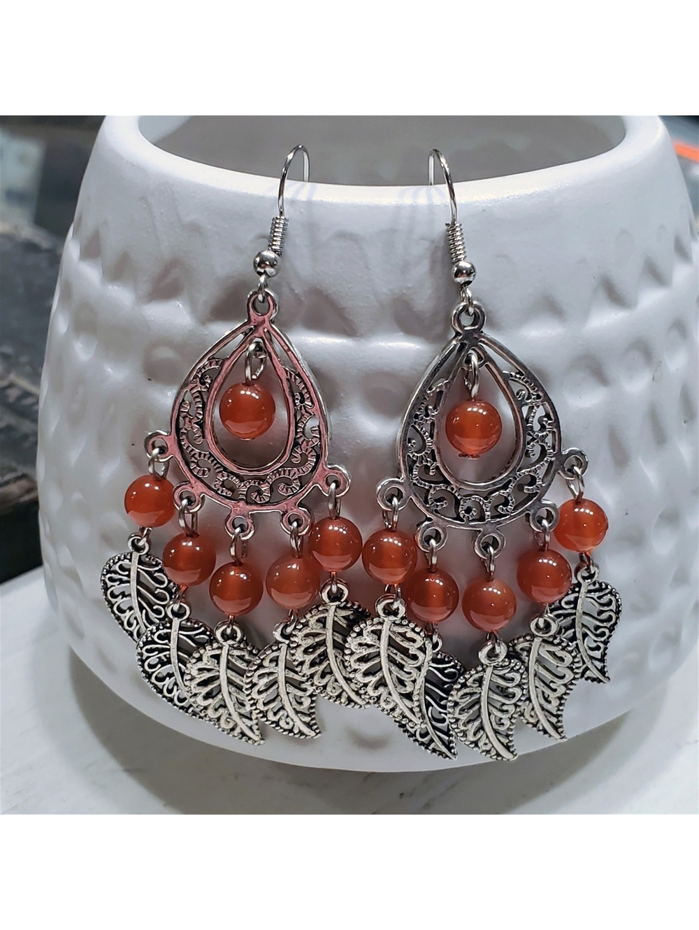 Red Carnelian Gemstone Antique Silver Leaves Chandelier Handcrafted Earrings